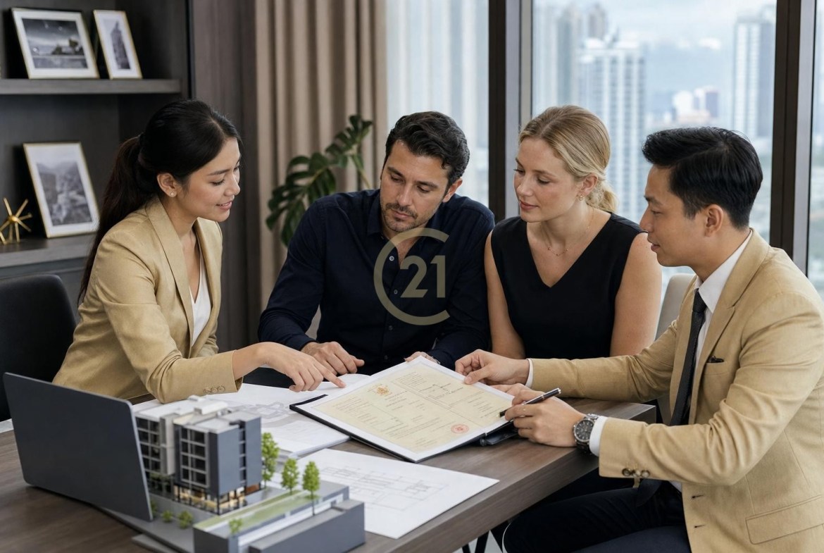 CENTURY 21 Cambodia agents and a lawyer reviewing property title documents with foreign buyers