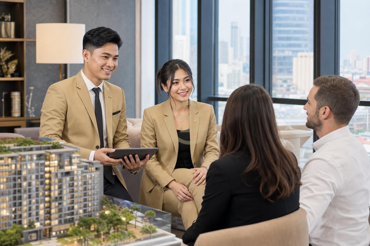 CENTURY 21 Cambodia agents presenting a Phnom Penh condominium investment to foreign buyers
