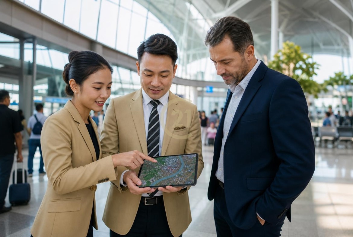 CENTURY 21 Cambodia agents advising an investor at a modern airport terminal