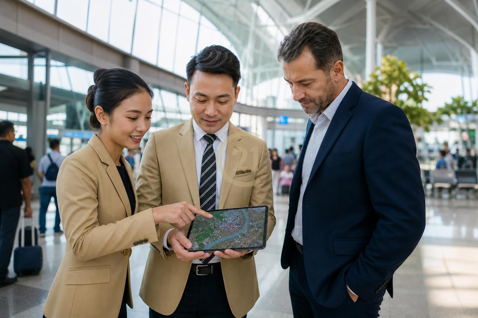 CENTURY 21 Cambodia agents advising an investor at a modern airport terminal